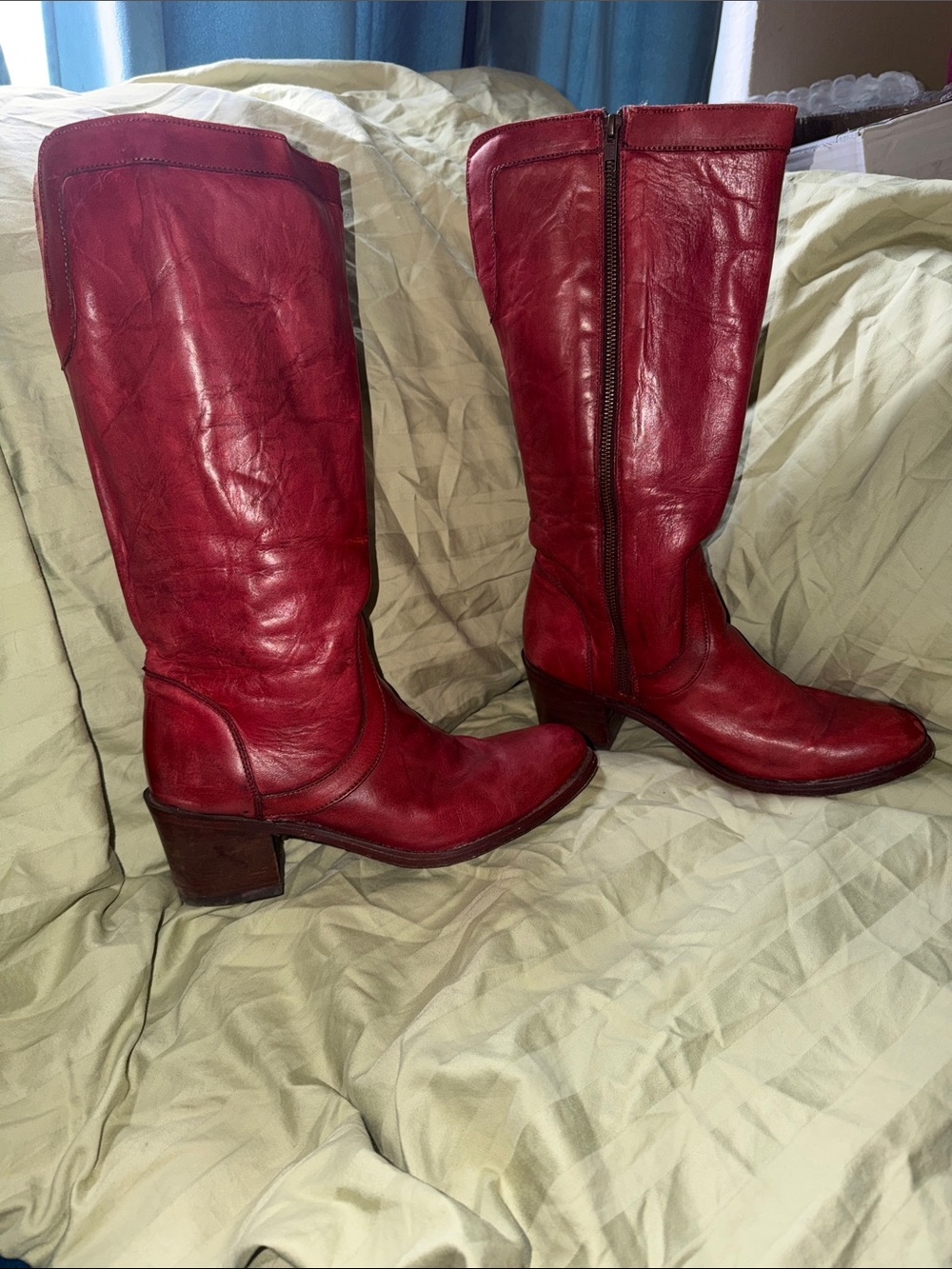Women's Corral Red Leather Mid-Calf Heeled Boots with Side Zip